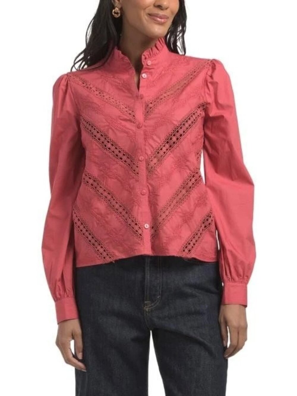 Magaschoni Women's Lace-Inset, Embroidered, Button Front Top - Cotton/Blush - L